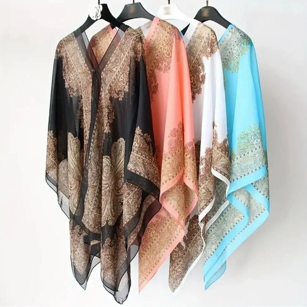 Lightweight Chiffon Peplum Shawl Scarf Jacquard Beach Cover Up Button Wrap